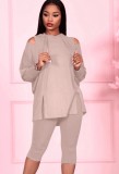 Spring Casual Khaki Cutout Long Sleeve Loose Hoodies And Skinny Midi Pants Two Piece Set Wholesale Jogger Suit