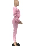 Winter Casual Pink Round Neck Long Sleeve Sweatshirt And Beaded Sweatpants Two Piece Wholesale Sportswear