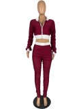 Spring Sexy Wine Red Contrast Ruched Long Sleeve Zip Up Crop Top And Match Pants Cheap Wholesale Two Piece Sets