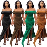 Spring Elegant Brown Off Shoulder Short Sleeve Slit Mermaid Evening Dress