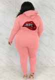 Winter Casual Plus Size Pink Beaded Mounth Long Sleeve Hoodies And Sweatpants Two Piece Wholesale Jogger Suit