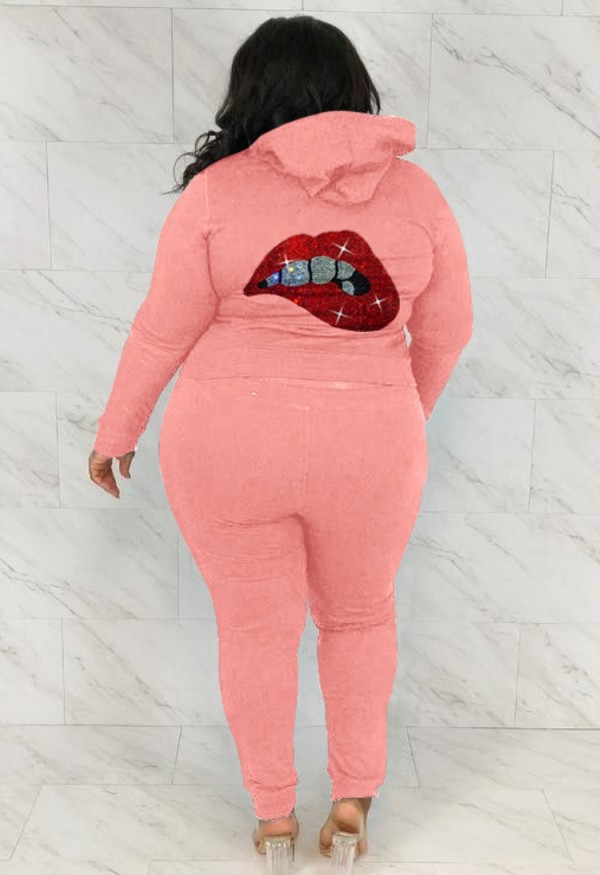 Winter Casual Plus Size Pink Beaded Mounth Long Sleeve Hoodies And Sweatpants Two Piece Wholesale Jogger Suit