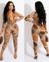 Spring Sexy Printed Plunge V Neck Long Sleeve Bodysuit And Match Pants Wholesale 2 Piece Sets