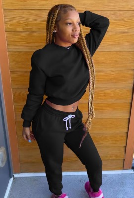 Winter Casual Black Round Neck Long Sleeve Sweatshirt And Beaded Sweatpants Two Piece Wholesale Sportswear