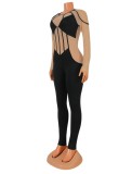 Spring Sexy Beige Mesh Patch Round Neck Long Sleeve Slim Jumpsuit