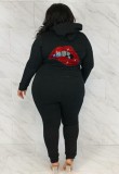 Winter Casual Plus Size Black Beaded Mounth Long Sleeve Hoodies And Sweatpants Two Piece Wholesale Jogger Suit