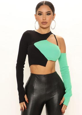Spring Sexy Black And Green Contrast Round Neck Hollow Out Cropped Long Sleeve Top