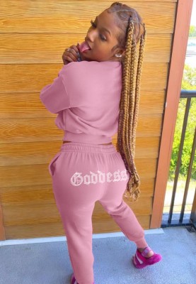 Winter Casual Pink Round Neck Long Sleeve Sweatshirt And Beaded Sweatpants Two Piece Wholesale Sportswear