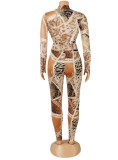 Spring Sexy Printed Plunge V Neck Long Sleeve Bodysuit And Match Pants Wholesale 2 Piece Sets