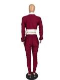 Spring Sexy Wine Red Contrast Ruched Long Sleeve Zip Up Crop Top And Match Pants Cheap Wholesale Two Piece Sets