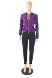 Spring Casual Purple Sequins Patch Zipper Up Long Sleeve Two Piece Tracksuit