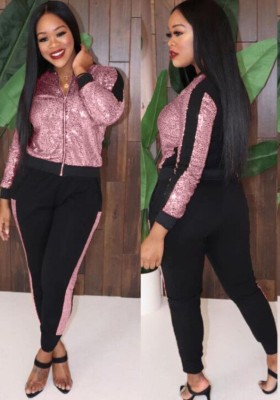 Spring Casual Pink Sequins Patch Zipper Up Long Sleeve Two Piece Tracksuit