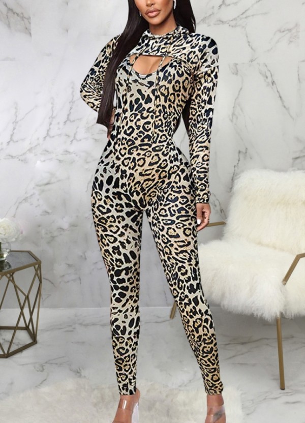 Spring Sexy Leopard Straps Skinny Jumpsuit And Long Sleeve Hoody Cape Top