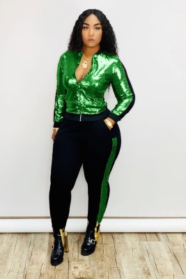 Spring Casual Green Sequins Patch Zipper Up Long Sleeve Two Piece Tracksuit