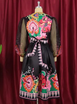 Spring Ethnic Print African Black V Neck See Through Mesh Long Sleeve Dress
