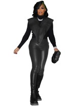 Spring Fashion Black Pu Leather Vest Coat And Pant Wholesale 2 Piece Outfits