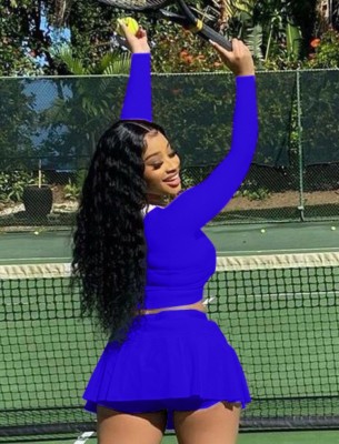 Spring Sport Blue Round Neck Long Sleeve Crop Top And Pleated Skirt Wholesale Womens 2 Piece Sets