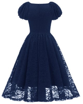 Summer Elegant Blue Lace Round Neck Puffed Short Sleeve Vintage Party Dress