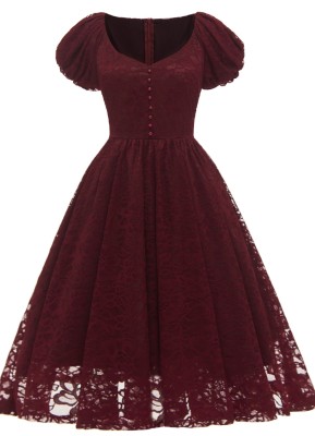 Summer Elegant Burgundy Lace Round Neck Puffed Short Sleeve Vintage Party Dress