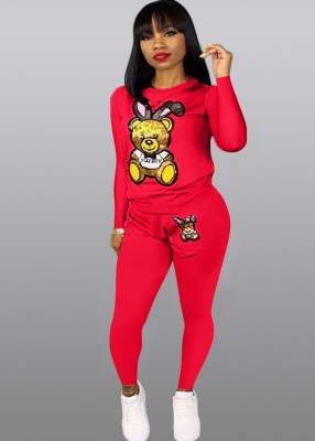 Spring Cute Red Cartoon Print Long Sleeve Top And Pant Cheap Wholesale Two Piece Sets