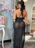 Summer Sexy Black Halter See Through Sequins Cut Out Slit Dress