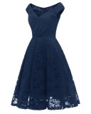 Summer Elegant Blue Lace Off Shoulder Vintage Party Dress