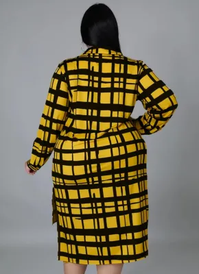 Spring Plus Size Fashion Print Contrast Blue Blocked Button Long Sleeve Shirt Dress