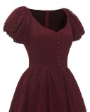 Summer Elegant Burgundy Lace Round Neck Puffed Short Sleeve Vintage Party Dress