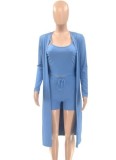 Spring Casual Blue Ribbed Vest And Shorts And Long Sleeve Coat 3 Piece Set