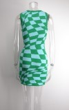 Winter Fashion Checkerboard Print Round Neck Sleeveless Bodycon Dress
