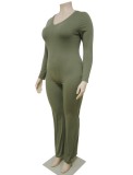 Spring Plus Size Casual Green V Neck Pockets Long Sleeve Jumpsuit