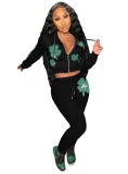 Spring Casual Black Print Zipper With Hood Long Sleeve Crop Top And Pant Wholesale 2 Piece Outfits