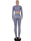 Spring Fashion Stripe Print Cut Out Long Sleeve Crop Top And Pant Wholesale 2 Piece Sets