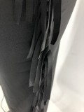 Winter Trendy Black Tie Wrap Long Sleeve Crop Top And Tassel Dress Two Piece Set