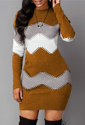 Winter Casual Yellow Stripe Print Round Neck Long Sleeve Bodycon Dress