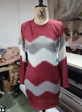 Winter Casual Red Stripe Print Round Neck Long Sleeve Bodycon Dress