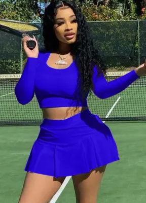 Spring Sport Blue Round Neck Long Sleeve Crop Top And Pleated Skirt Wholesale Womens 2 Piece Sets