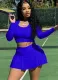 Spring Sport Blue Round Neck Long Sleeve Crop Top And Pleated Skirt Wholesale Womens 2 Piece Sets