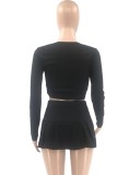 Spring Sport Black Round Neck Long Sleeve Crop Top And Pleated Skirt Wholesale Womens 2 Piece Sets