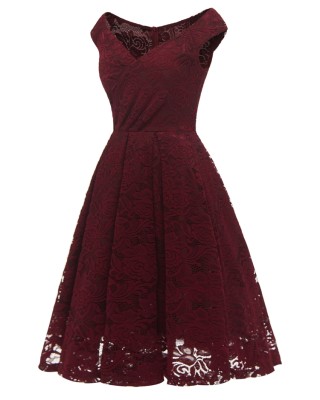 Summer Elegant Burgundy Lace Off Shoulder Vintage Party Dress