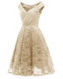 Summer Elegant Beige Lace Off Shoulder Vintage Party Dress