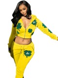 Spring Casual Yellow Print Zipper With Hood Long Sleeve Crop Top And Pant Wholesale 2 Piece Outfits
