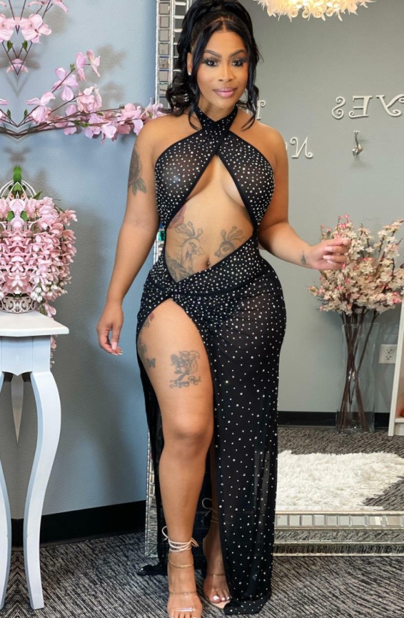 Summer Sexy Black Halter See Through Sequins Cut Out Slit Dress