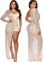 Spring Sexy Beige One Sided Formal Dress With Off Shoulder Romper Two Piece Sets