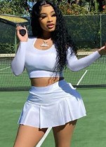 Spring Sport White Round Neck Long Sleeve Crop Top And Pleated Skirt Wholesale Womens 2 Piece Sets