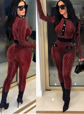 Winter Fashion Print Button Long Sleeve Jumpsuit