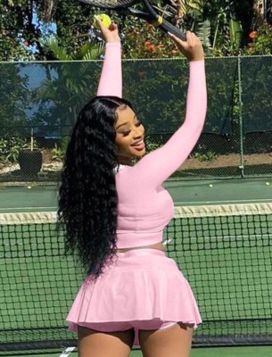 Spring Sport Pink Round Neck Long Sleeve Crop Top And Pleated Skirt Wholesale Womens 2 Piece Sets