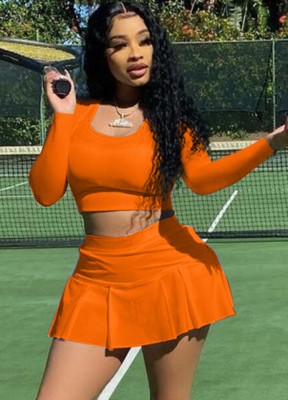 Spring Sport Orange Round Neck Long Sleeve Crop Top And Pleated Skirt Wholesale Womens 2 Piece Sets