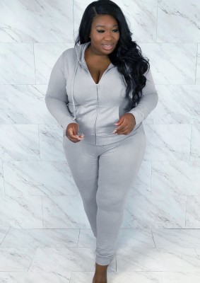 Winter Plus Size Casual Grey Backside Letter Print Hoodies And Pant Wholesale Two Piece Sets