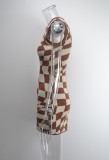 Winter Fashion Checkerboard Print Round Neck Sleeveless Bodycon Dress